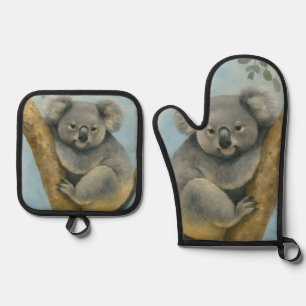 Koala Calm – Watercolor Wildlife Oven Mitt & Pot Holder Set