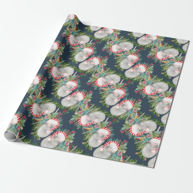 Koala Christmas Blue Wrapping Paper (Unrolled)