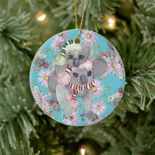Koala Christmas Botanical Vintage Blue Ceramic Tree Decoration