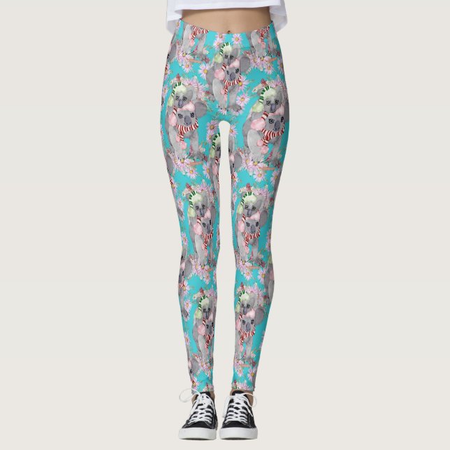 Koala Christmas Botanical Vintage Blue Leggings (Front)