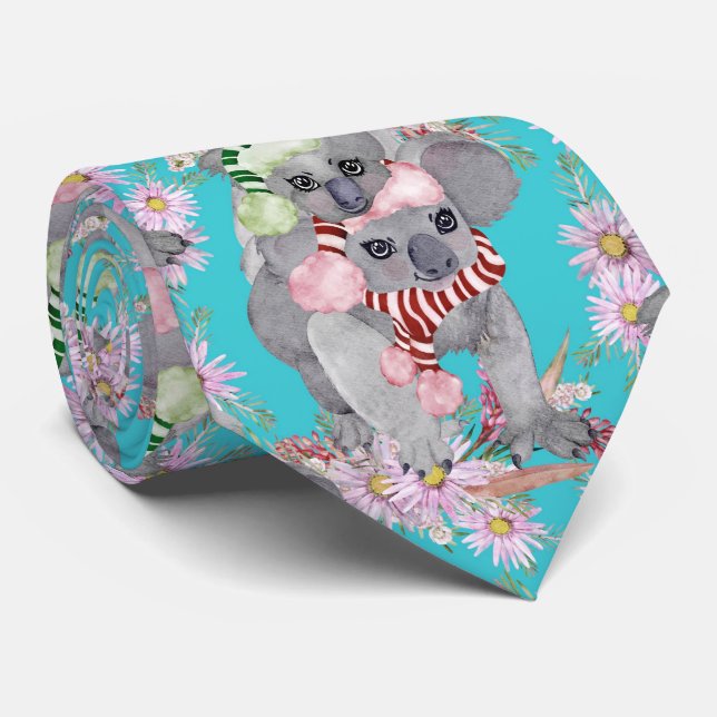 Koala Christmas Botanical Vintage Blue Tie (Rolled)