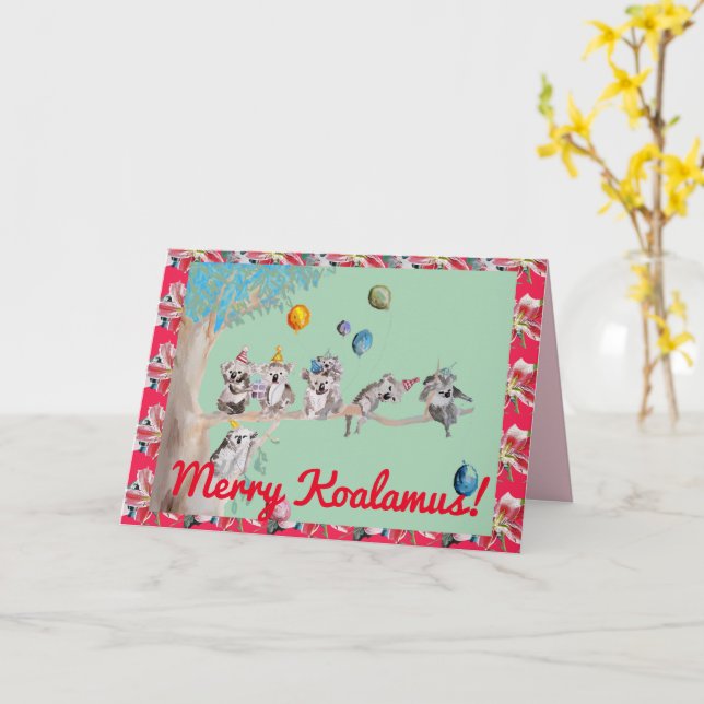 Koala Christmas Card Merry Koalamus Childs Card (Yellow Flower)