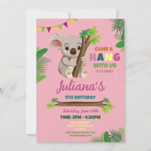 Koala Cute Girls Party Birthday Pink Invitation