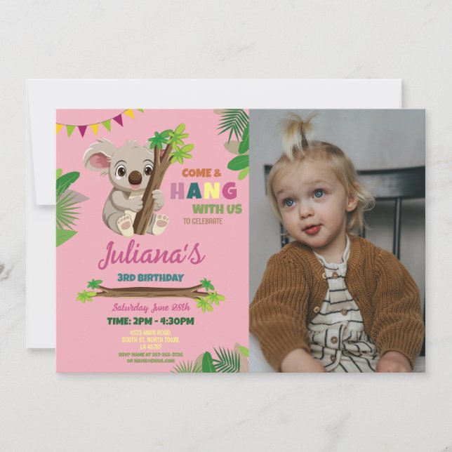 Koala Cute Girls Party Birthday Pink Photo Invitation (Front)