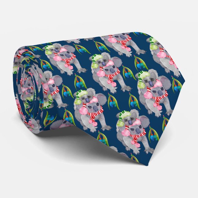 Koala Family Blue Christmas Tie (Rolled)