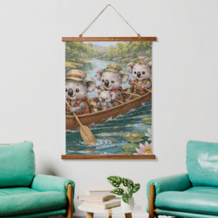 Koala Family Canoeing Through a Peaceful River Hanging Tapestry