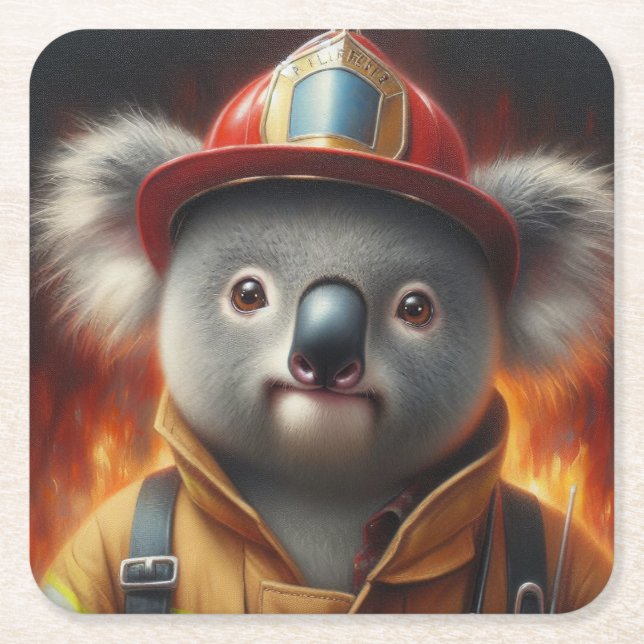 Koala Firefighter Square Paper Coaster (Front)