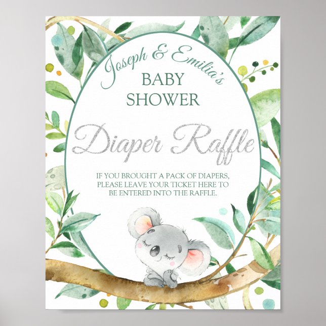 Koala Gender Neutral Baby Shower Diaper Raffle Poster (Front)