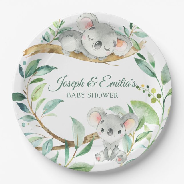 Koala Green and Grey Gender Neutral Baby Shower Paper Plate (Front)
