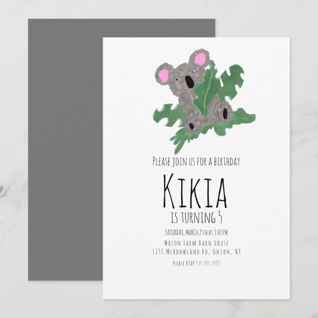 Koala Hand Drawn Animal Birthday Party  Invitation (Front/Back)
