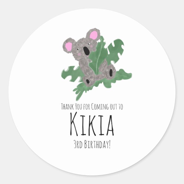 Koala Hand Drawn Animal Green Birthday Party  Classic Round Sticker (Front)