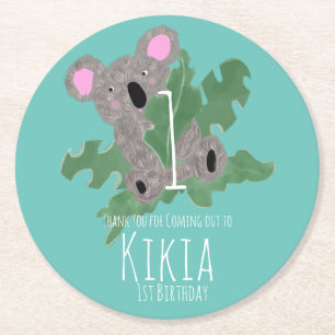 Koala Hand Drawn Bear 1st Birthday  Round Paper Coaster