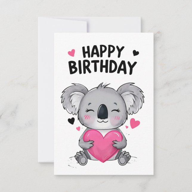 Koala Happy Birthday Card with Hearts (Front)