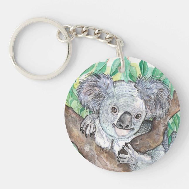 Koala in Eucalyptus Tree Painting Key Ring (Front)
