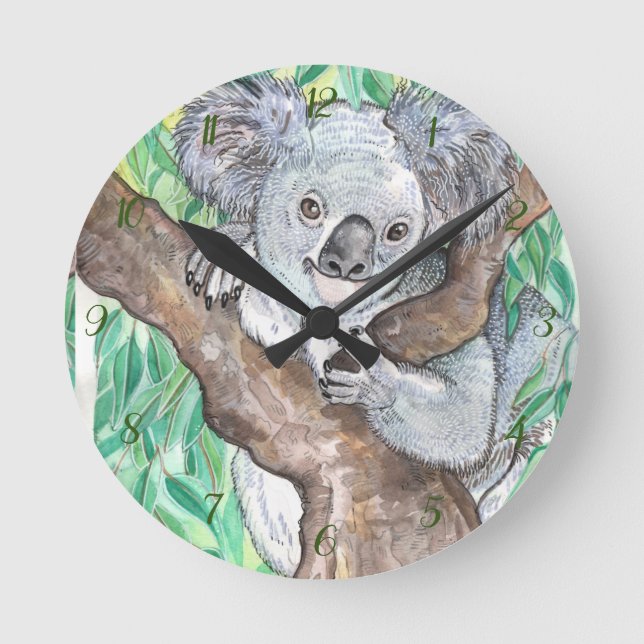 Koala in Eucalyptus Tree Painting Round Clock (Front)