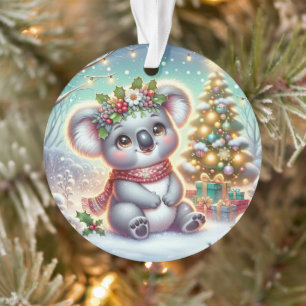 Koala in Red Scarf & Holly Crown Ornament