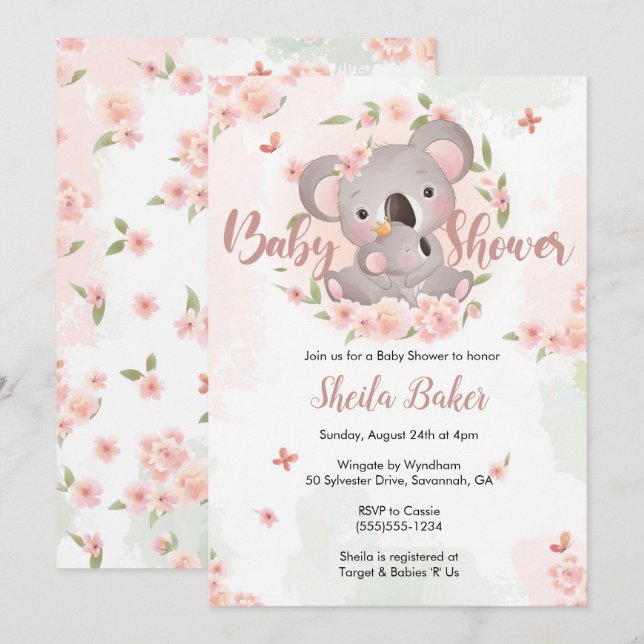 Koala Invitation, Koala Baby Shower Invite (Front/Back)