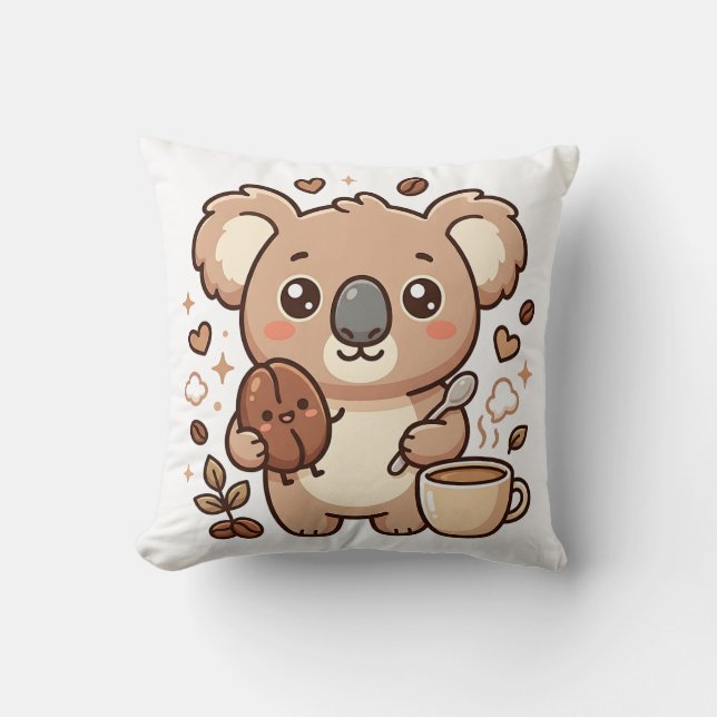 Koala Kawaii Coffee Throw Pillow (Front)