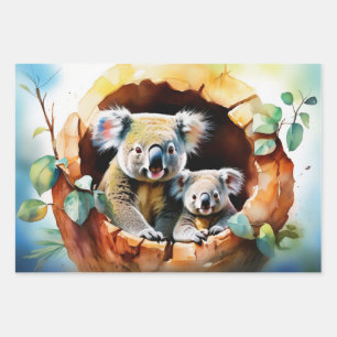 Koala Mum and Baby in Watercolor Sunset Wrapping Paper Sheet