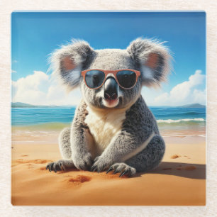 Koala on a sandy beach glass coaster