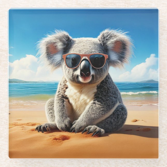 Koala on a sandy beach  glass coaster (Front)