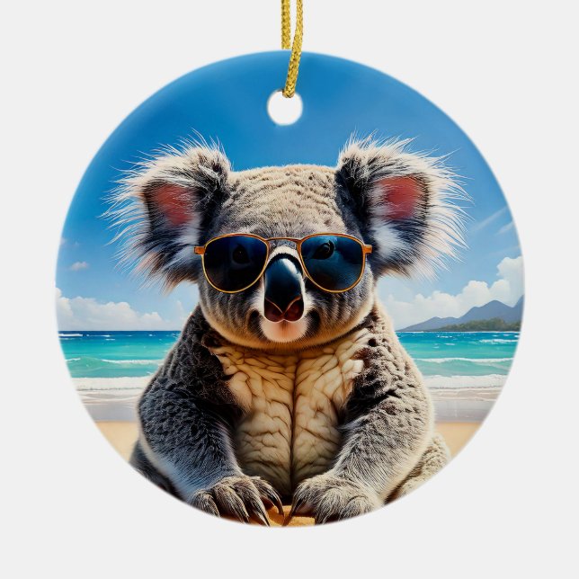 Koala on a sandy beach Merry Christmas Ceramic Tree Decoration (Front)