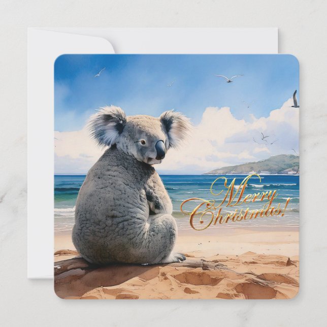 Koala on a sandy beach Merry Christmas Holiday Card (Front)