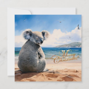 Koala on a sandy beach Merry Christmas Holiday Card
