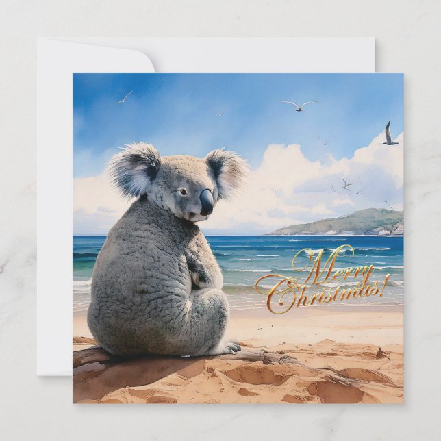 Koala on a sandy beach Merry Christmas Holiday Card (Front)