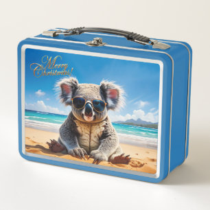 Koala on a sandy beach Merry Christmas Metal Lunch Box