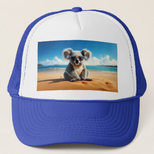 Koala on a sandy beach trucker hat