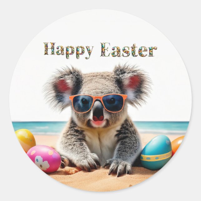 Koala on beach with Easter eggs Happy Easter Classic Round Sticker (Front)