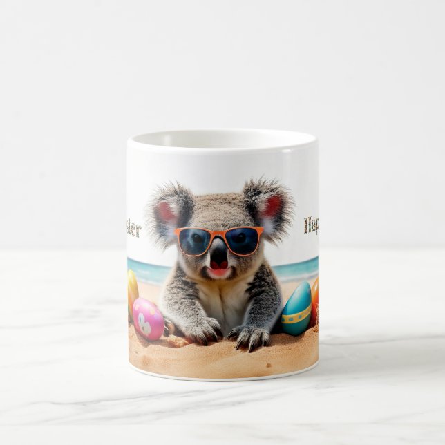 Koala on beach with Easter eggs Happy Easter Coffee Mug (Center)