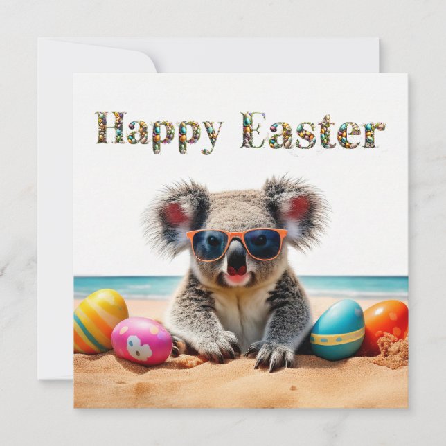 Koala on beach with Easter eggs Happy Easter Holiday Card (Front)