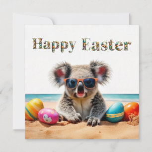 Koala on beach with Easter eggs Happy Easter Holiday Card