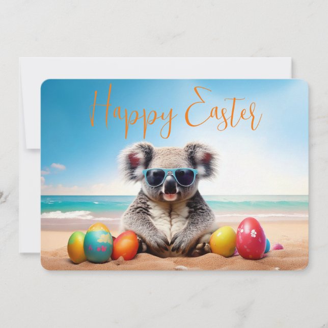 Koala on beach with Easter eggs Happy Easter Holiday Card (Front)