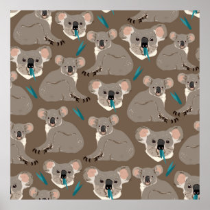 Koala on neutral brown background seamless vintage poster