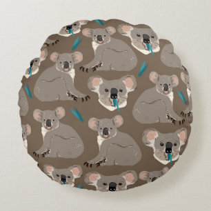 Koala on neutral brown background seamless vintage round cushion