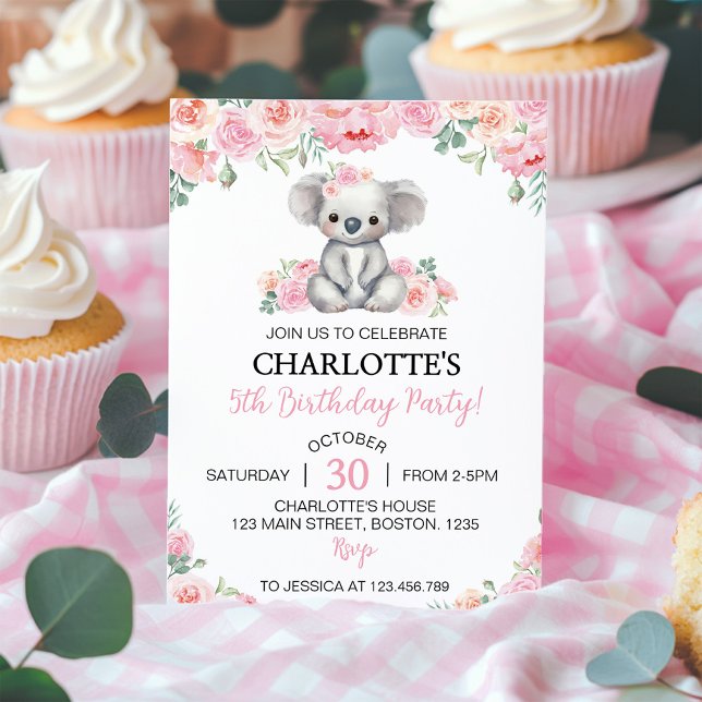 Koala Pink Floral Greenery Girl Birthday Party Invitation (Creator Uploaded)