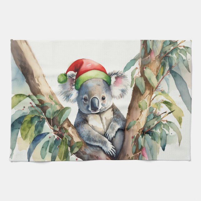 Koala Santa Hat sitting in a gumtree Tea Towel (Horizontal)