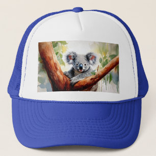 Koala sitting in a gumtree trucker hat