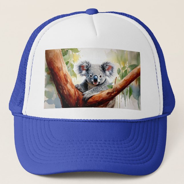 Koala sitting in a gumtree trucker hat (Front)