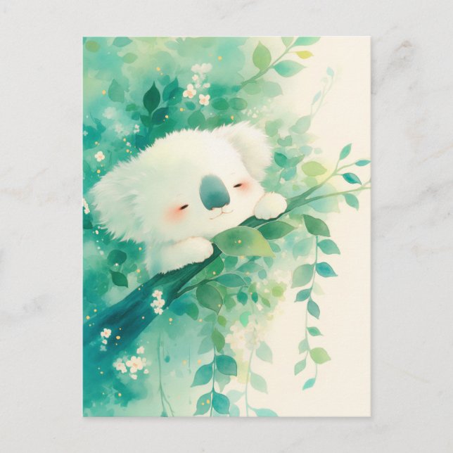 Koala Sleeping on Branch with Watercolor Greenery Postcard (Front)