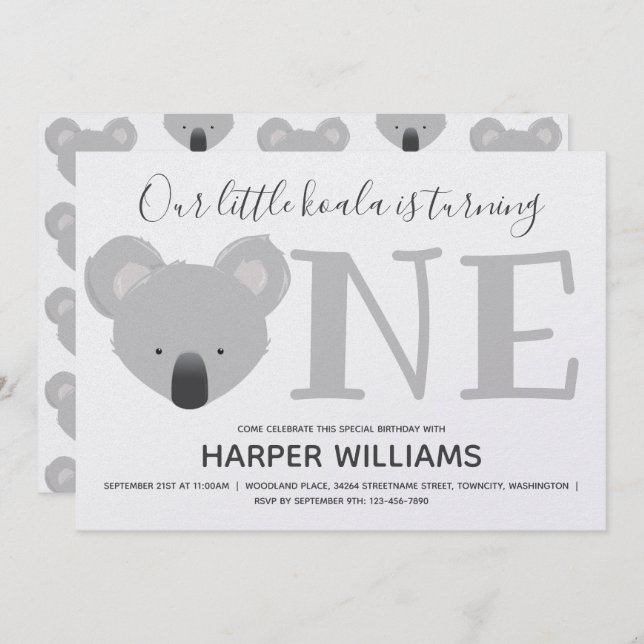 Koala Turning One Cute Animal First Birthday Invitation (Front/Back)