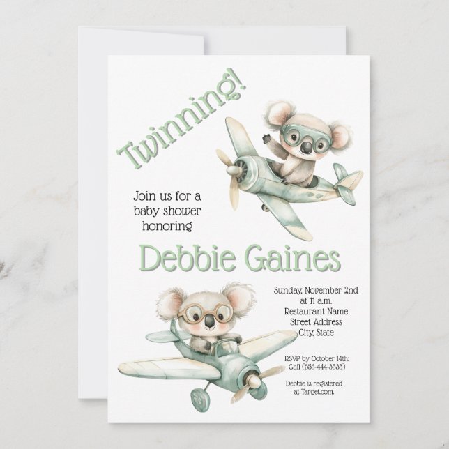 Koala Twin Baby Shower Invitation | Gender Neutral (Front)