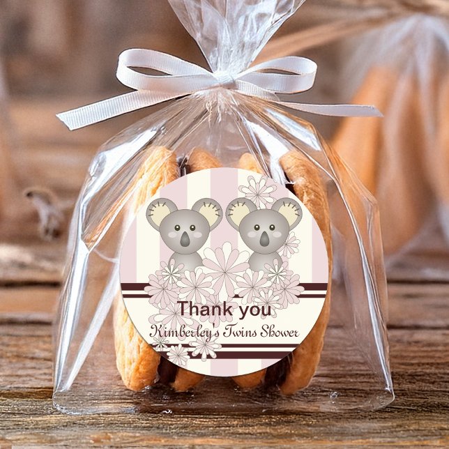 Koala Twin Girl Baby Shower / Birthday Thank You Classic Round Sticker (Creator Uploaded)
