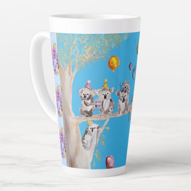 Koala Watercolor Blue Birthday Party Latte Mug (Left Angle)