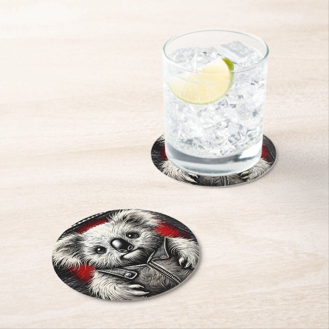 Koala Wearing a Leather Vest on Jacket Surface Round Paper Coaster (Insitu)