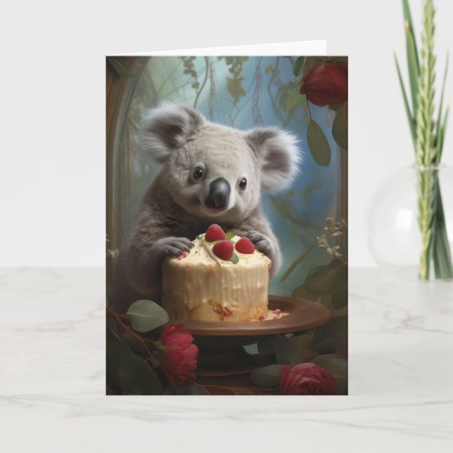 Koala with a Birthday Cake Thank You Card (Front)