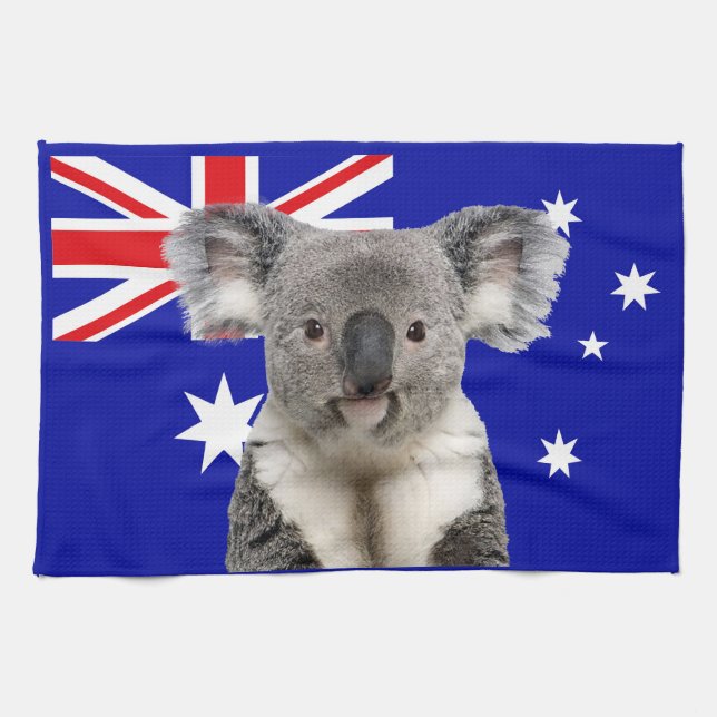 Koala with Australian Flag Background     Tea Towel (Horizontal)